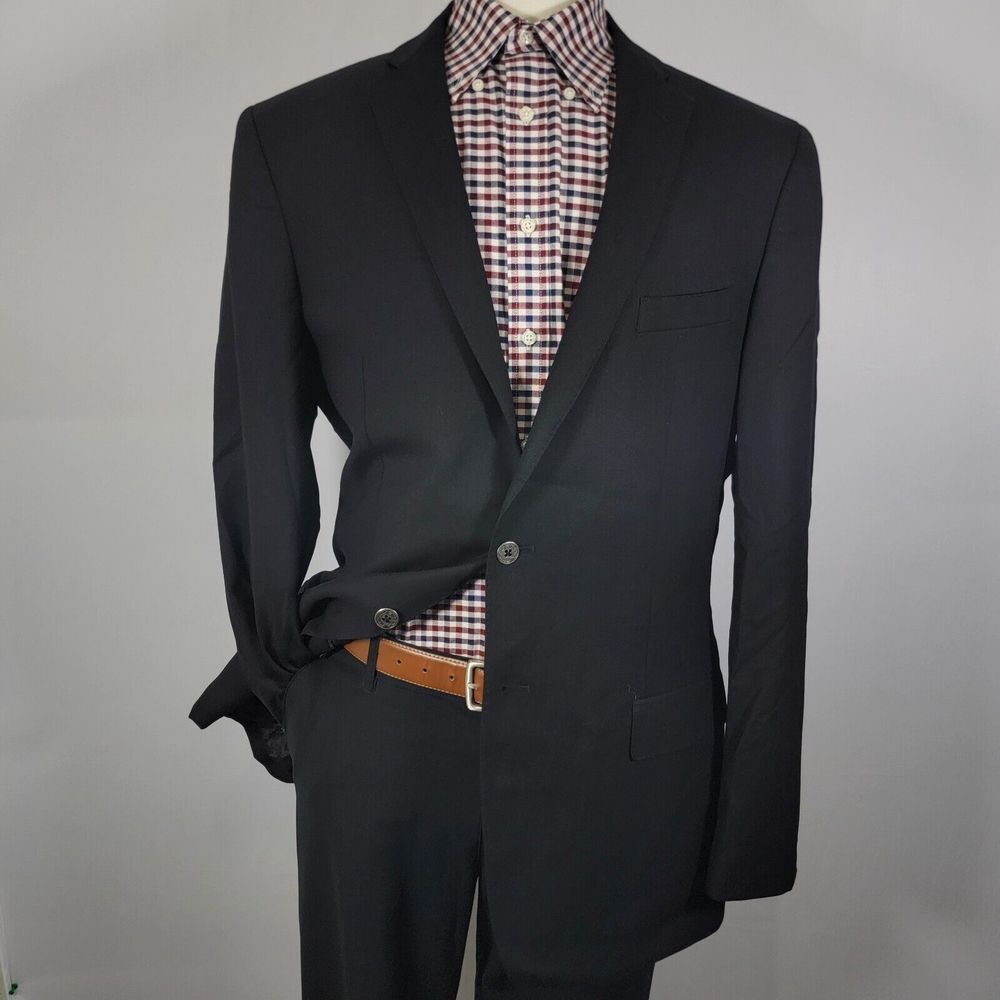 Joseph Abboud Mens Sport Coat Blazer Two Button Black Twill Super 120s Wool 44XL
